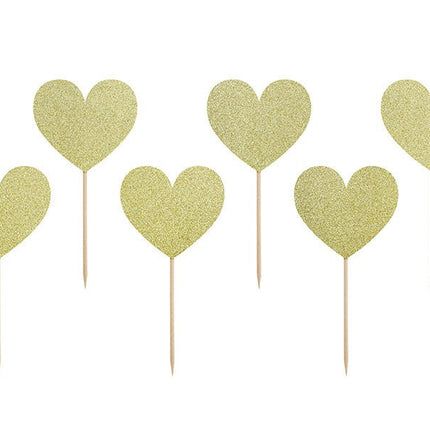 Caketopper Hartjes Goud 6st van Partydeco koop je bij Partywinkel