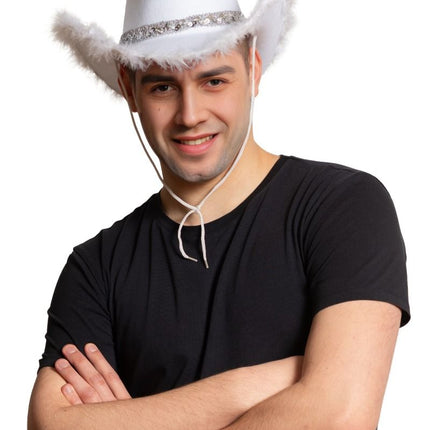 Cowboy Hoed Glitter met Bont Wit van Partychimp koop je bij Partywinkel