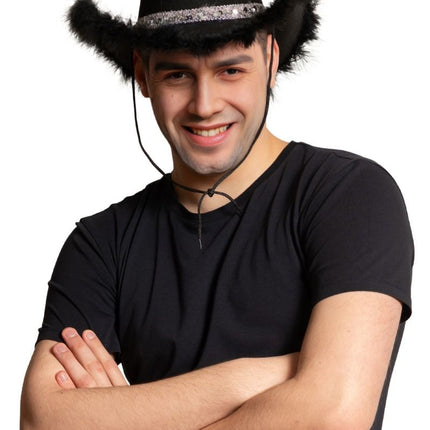 Cowboy Hoed Glitter met Bont Zwart van Partychimp koop je bij Partywinkel