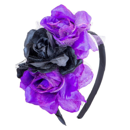 Dia De Los Muertos Haarband Zwart Paars Bloemen van Widmann koop je bij Partywinkel