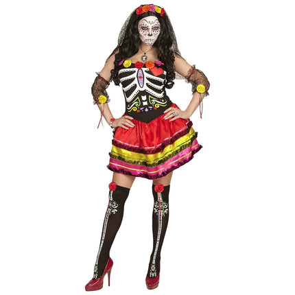 Dia De Los Muertos Jurk Gekleurd Dames Kort van Widmann koop je bij Partywinkel