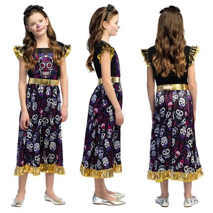 Dia De Los Muertos Jurk Meisje Ruffel Mouwen van Boland koop je bij Partywinkel