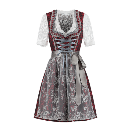 Dirndl 2-częściowy, czerwony/srebrnoszary, koronkowy fartuch