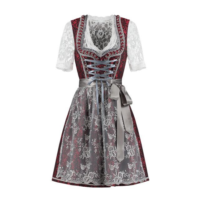 Dirndl 2-częściowy, czerwony/srebrnoszary, koronkowy fartuch