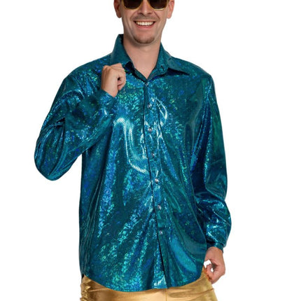 Disco 70S Blouse Blauw Glans van Partychimp koop je bij Partywinkel