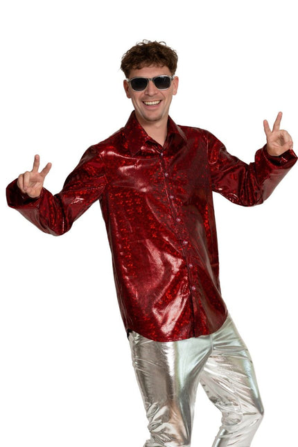 Disco 70S Blouse Rood Glans van Partychimp koop je bij Partywinkel
