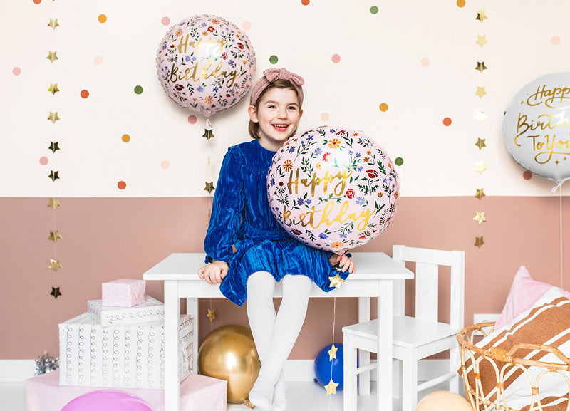 Balon helowy Happy Birthday Kwiaty Różowy Pusty 45cm