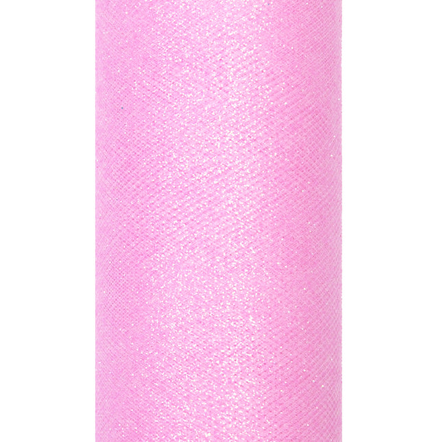 Jasnoróżowa tiulowa rolka z brokatem 15cm 9m