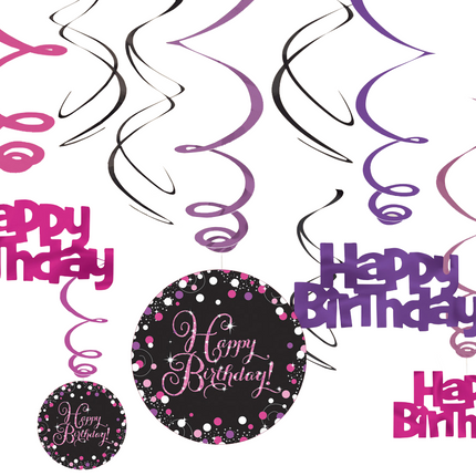 Dekoracja urodzinowa wisząca Happy Birthday różowa 61cm 12szt