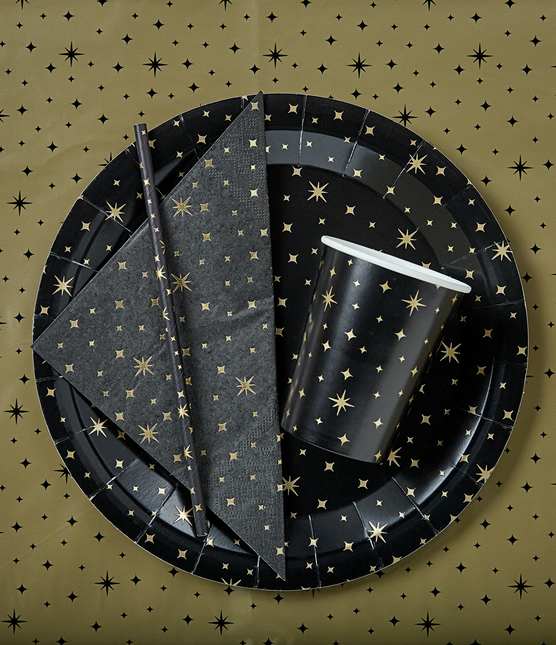Słomki papierowe Gold Stars Black 20cm 8szt