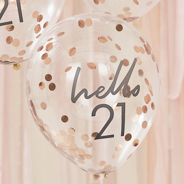 Balony z konfetti w kolorze różowego złota 21 lat 30 cm 5 szt.