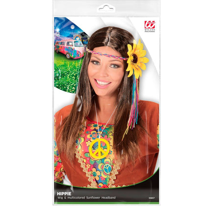 Peruka Hippie 60S brązowa z opaską w słoneczniki