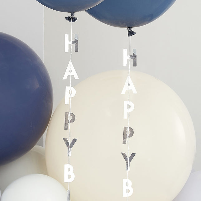Srebrna wstążka balonowa Happy Birthday 1m 5szt
