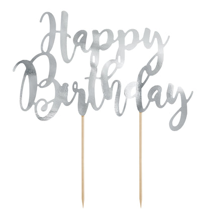 Topper na tort Happy Birthday srebrny 22,5 cm