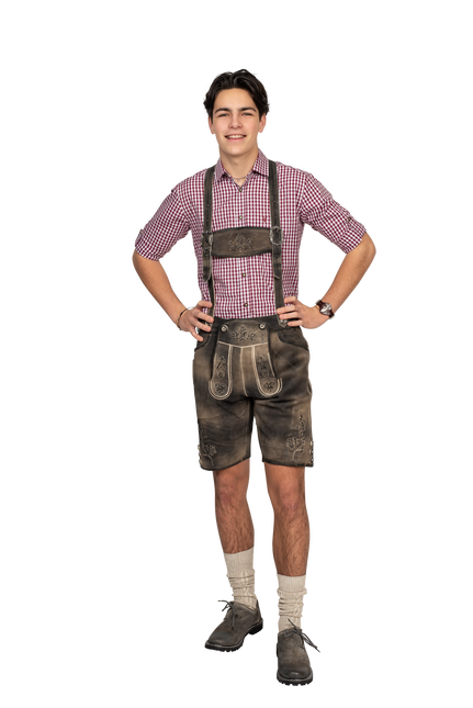 Brązowe spodenki męskie Lederhose z guzikami na nogawkach