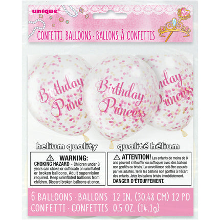 Balony z konfetti Urodziny Księżniczki 30cm 6szt