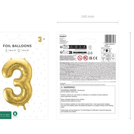 Balon z figurką na 3 lata złoty pusty 72 cm