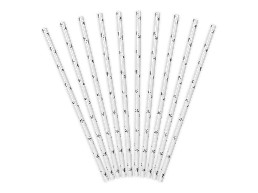 Słomki papierowe srebrne z gwiazdkami 19,5cm 10szt