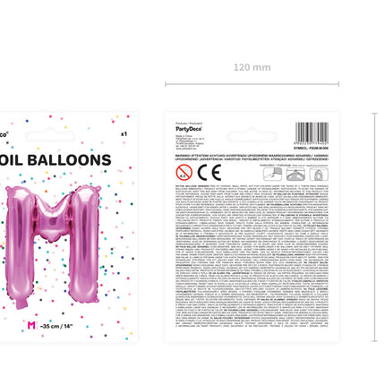 Balon foliowy litera M różowy pusty 35cm
