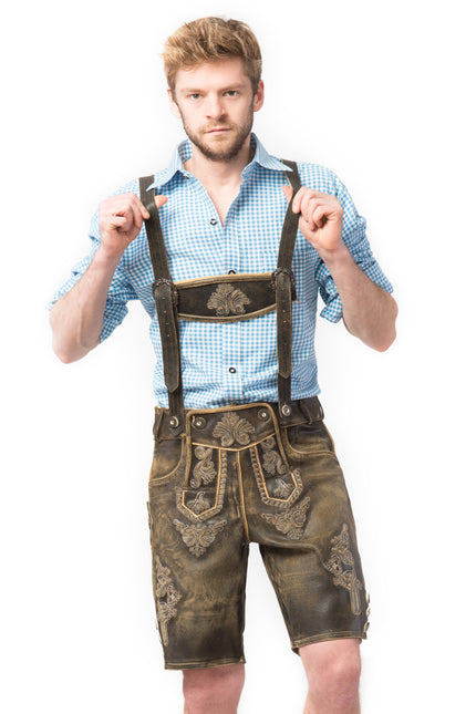Skórzane krótkie spodenki retro i szelki Lederhose