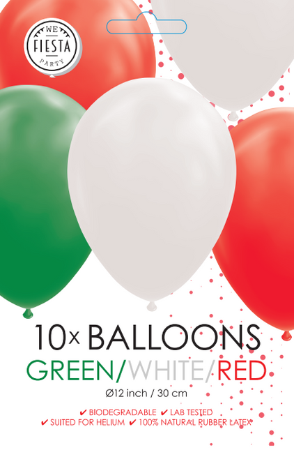 Balony zielone białe czerwone 30cm 10szt