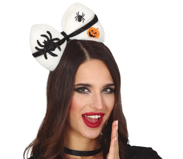Opaska do włosów na Halloween Pająk Biała kokarda