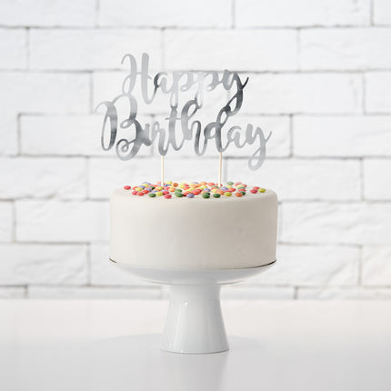 Topper na tort Happy Birthday srebrny 22,5 cm