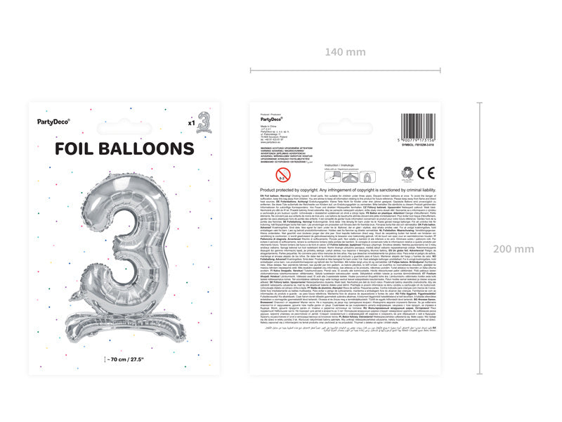 Balon foliowy cyfra 3 srebrny standardowy pusty 70 cm