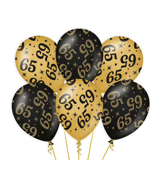 Balony na 65 lat złoto-czarne 30 cm 6 szt.