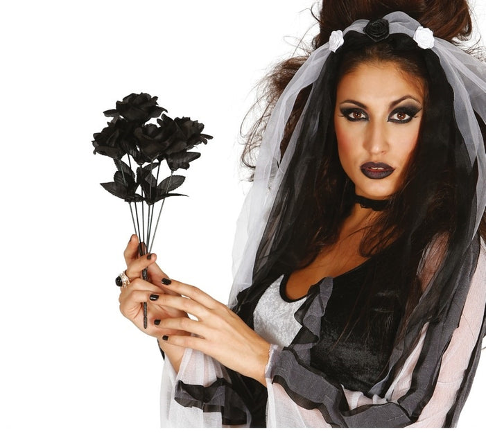 Gałązka czarnych róż na Halloween 35 cm