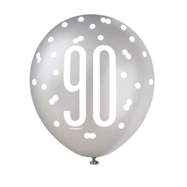 Balony 90 lat kropki czarne 30cm 6szt