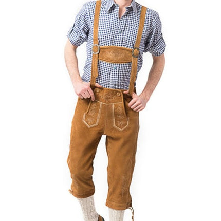 Skórzane długie brązowe buty Lederhose z szelkami