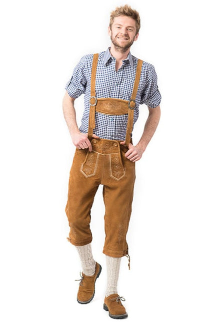 Skórzane długie brązowe buty Lederhose z szelkami