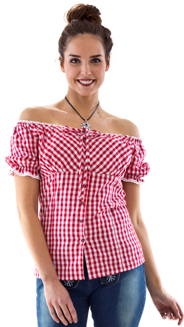 Bluzka Carmen w czerwono-białą kratę, wstążka z kokardą