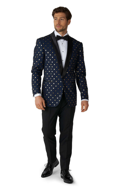 Ciemnoniebieski smoking męski w złote kropki <tc>OppoSuits</tc>