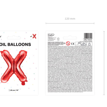 Balon foliowy litera X czerwony pusty 35 cm