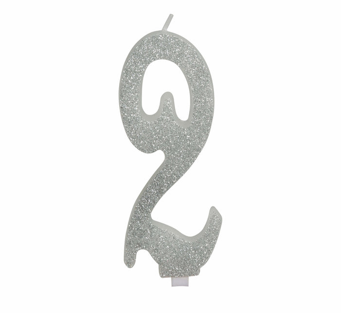 Srebrna świeczka na 2 lata z brokatem 12,5 cm