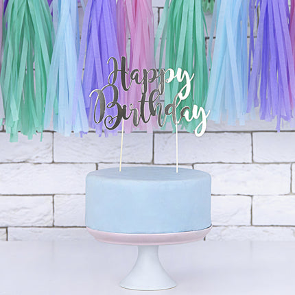 Topper na tort Happy Birthday srebrny 22,5 cm