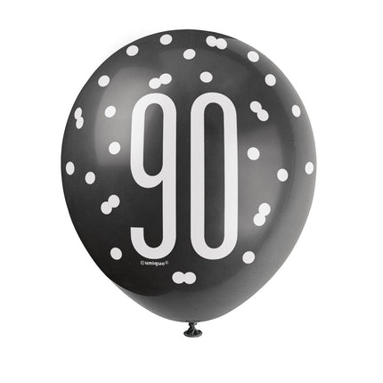 Balony 90 lat kropki czarne 30cm 6szt