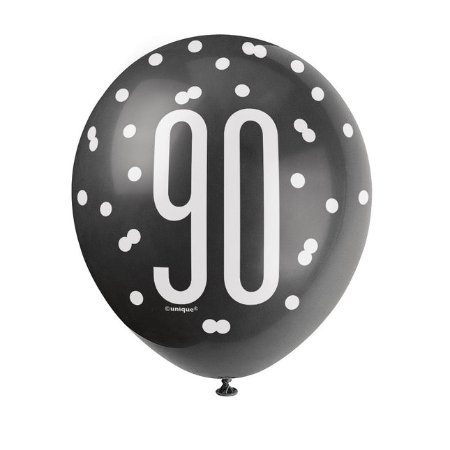 Balony 90 lat kropki czarne 30cm 6szt