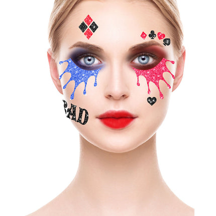 Naklejki na twarz Harley Quinn z brokatem 20 cm