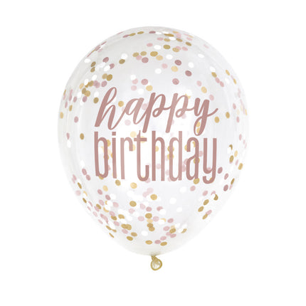 Balony z konfetti Happy Birthday Rose Gold 45cm 6szt