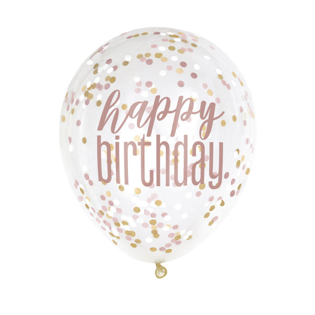 Balony z konfetti Happy Birthday Rose Gold 45cm 6szt