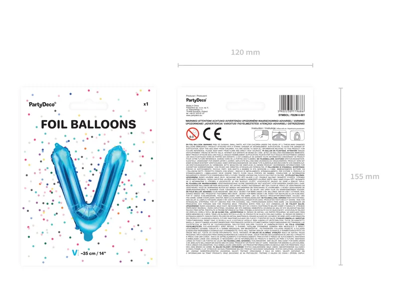 Balon foliowy litera V niebieski pusty 35cm