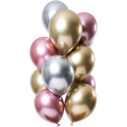 Balony srebrne, złote i różowe mix chrom 33 cm 12 szt.