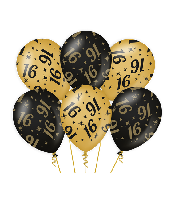 Balony na 16 lat złoto-czarne 30 cm 6 szt.