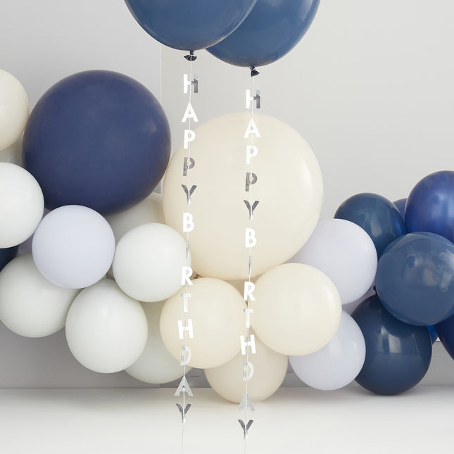 Srebrna wstążka balonowa Happy Birthday 1m 5szt