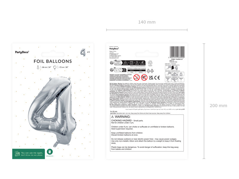 Balon foliowy na 4 urodziny srebrny pusty 72 cm