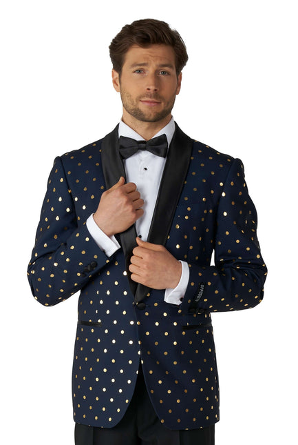 Ciemnoniebieski smoking męski w złote kropki <tc>OppoSuits</tc>