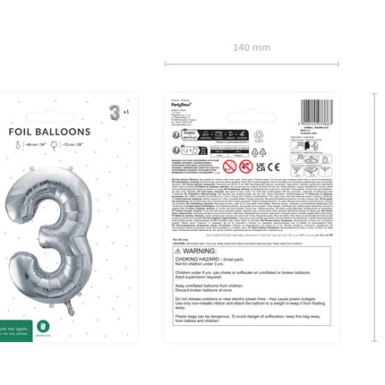 Balon foliowy na 3 urodziny srebrny pusty 72 cm